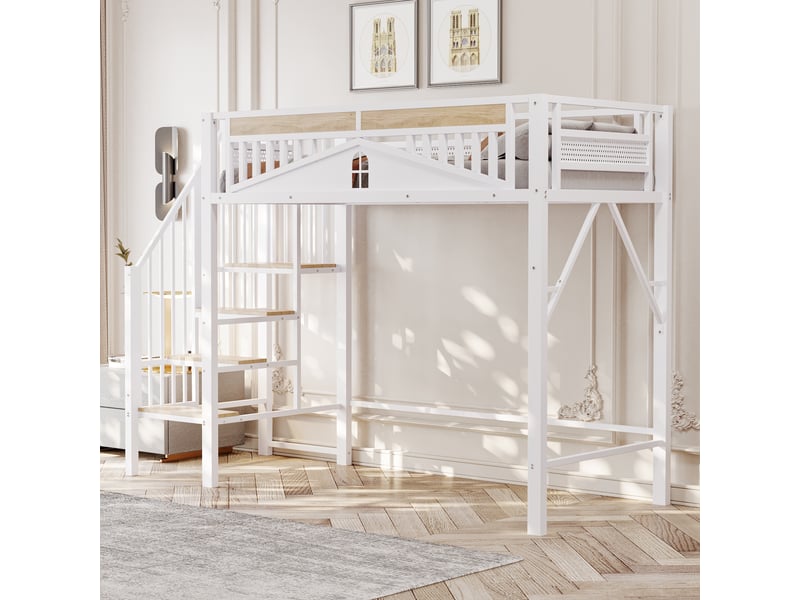  Lit superposé en métal 90 x 200 cm, garde-corps avec fenêtre, échelle sécurité, espace sous lit, blanc  - Conforama C