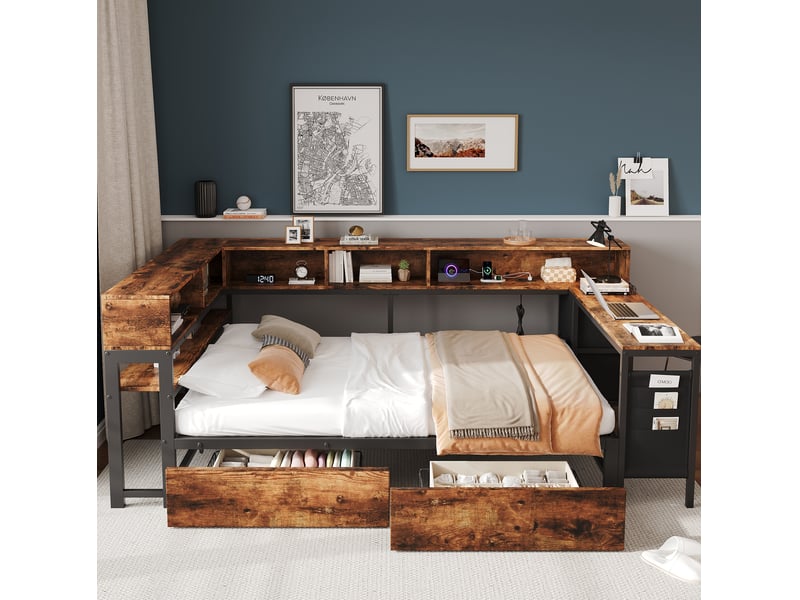 Lit une place tcqpz 120 x 200 cm avec rangement, 2 tiroirs, port de charge et table latérale noir et naturel - Conforama E