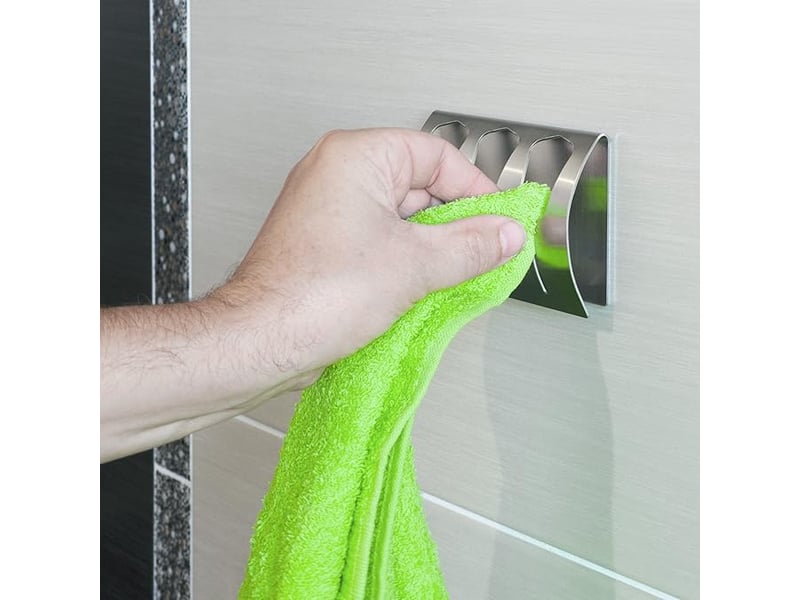 Porte serviette salle de bain adhésif, patère torchons cuisine avec 3 crochets inox brossé, 10 kg, blanc - Conforama C