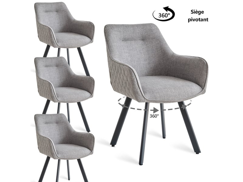  Lot de 4 chaises pivotante à 360°, chaise salle à manger moderne, chaises à haut dossier en motif en losanges, cuisine en lin, gris clair  - Conforama A