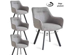 Lot de 4 chaises pivotante à 360°, chaise salle à manger moderne, chaises à haut dossier en motif en losanges, cuisine en lin, gris clair
