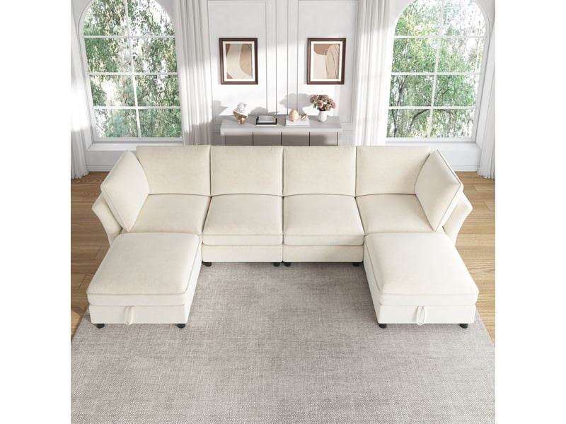 Canapé d'angle, canapé modulable, 6 places, en tissu chenille, beige, avec pouf, pour salon, appartement, chambre  - Conforama D