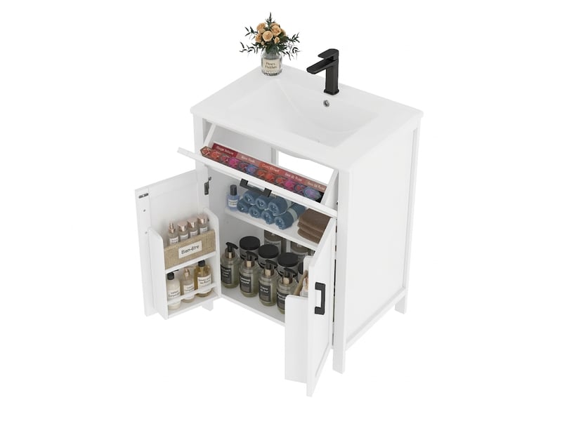 Meuble salle de bain sur pied meuble vasque 60 cm blanc moderne avec vasque en céramique intégrée - Conforama A