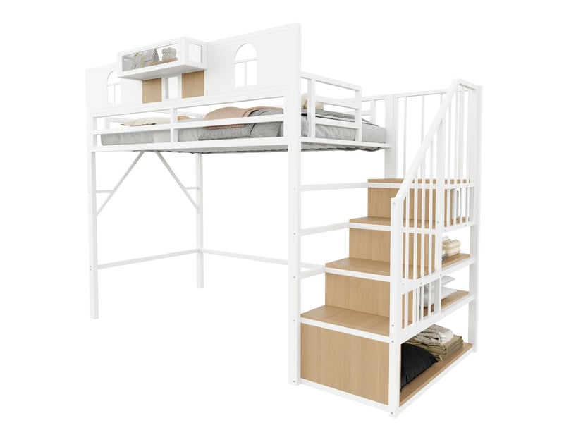  Lit mezzanine modenvie 90 x 200 cm avec escalier de rangement, étagère, bande lumineuse, mdf et métal, blanc  - Conforama A