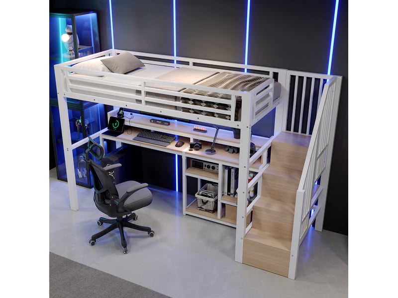 Lit mezzanine 90 × 200 cm avec escalier rangement, bureau, éclairage led et ports usb intégrés pour chambre, blanc  - Conforama D