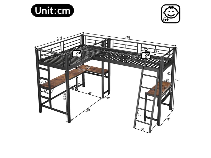  Lit mezzanine enfant simple 200×90 cm, bureau et double échelle - okmyhome- métal noir, sans matelas  - Conforama D
