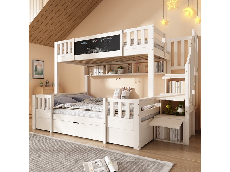 Lit superposé 90x200cm+140x200cm avec tableau noir escalier coffre, 2 tiroirs, bois et mdf, blanc, sans matelas - Conforama W