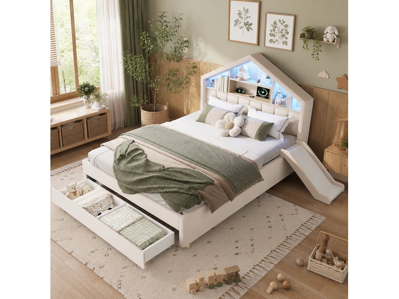  Lit cabane enfant 140x200 cm, glissière réversible, éclairage led, recharge, rangements, velours beige sans matelas  - Conforama B