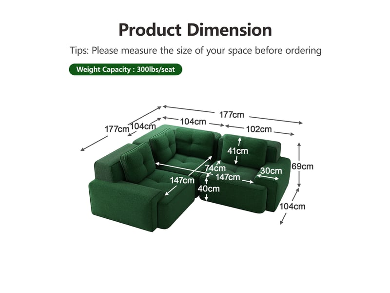 Canapé d'angle modulaire avec assise profonde et dossier enveloppant sans montage en tissu côtelé vert - Conforama E