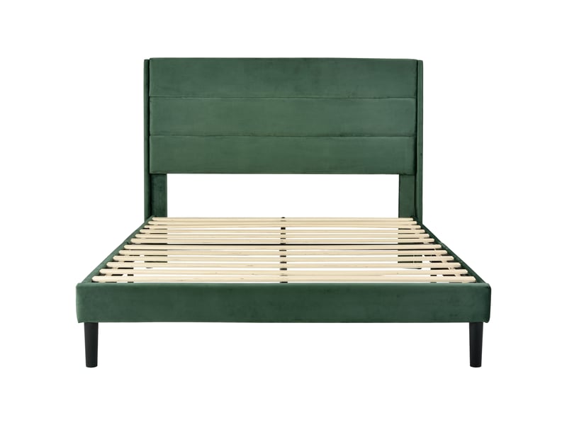  Lit double rembourré 140x200 cm, sommier a lattes et tête de lit, lit enfant rembourré, lit adulte, revêtement textile en lin, vert  - Conforama D