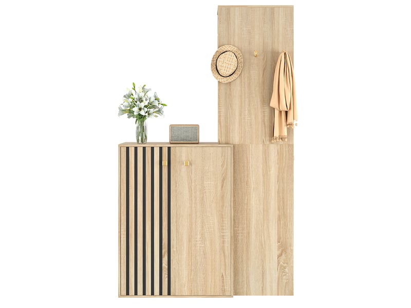  Vestiaire d'entrée 115 x 38,5 x 191,5 cm, patères, étagères réglables, rangement haut, portes rainurées, mdf naturel ABC - Conforama A