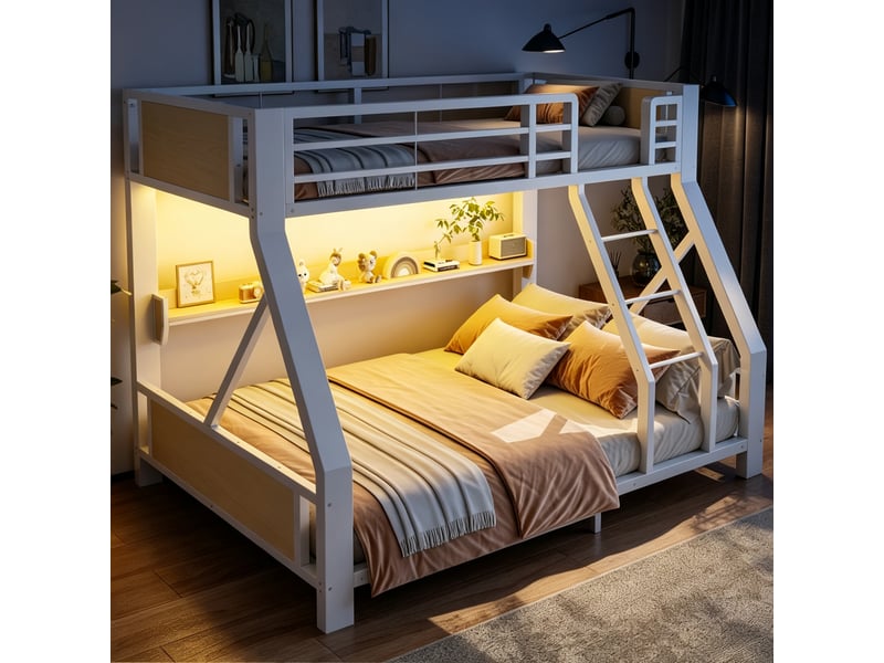  Lit superposé métal 90x200 et 140x200 cm, lit simple haut, lit double bas, casier, led, structure fer et bois, gain de place chambre enfant blanc  - Conforama B