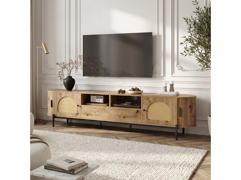  Meuble tv ovale effet bois naturel et en rotin 2 portes coulissantes  - Conforama B