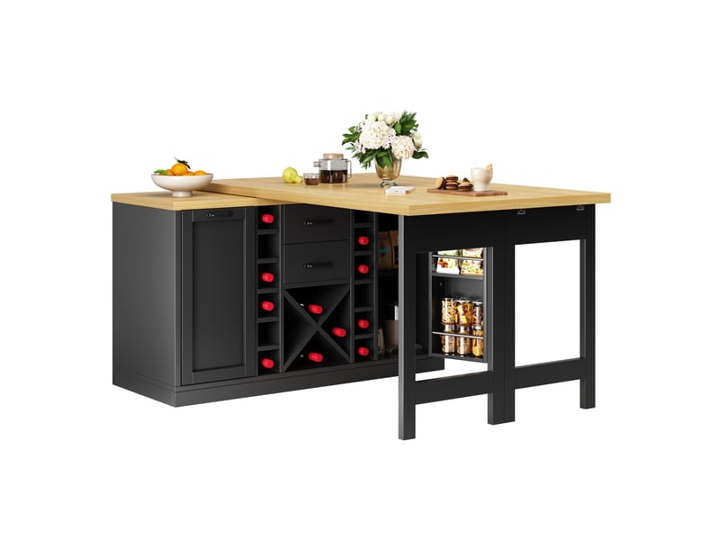  Desserte de cuisine avec 2 tiroirs, portes, porte-bouteilles et plateau pivotant, en mdf 120×40×73,8 cm noir  - Conforama A