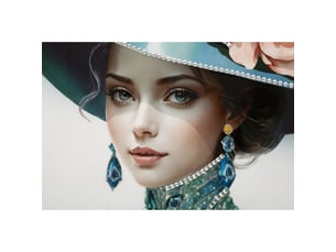 Tableau sur toile pam b dame avec chapeau bleu et émeraudes, 62x92 cm