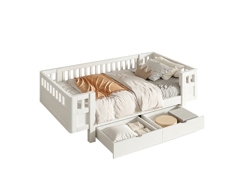  Lit plateforme en bois massif 90x200 cm, coloris blanc, avec barrière haute et deux grands tiroirs  - Conforama A