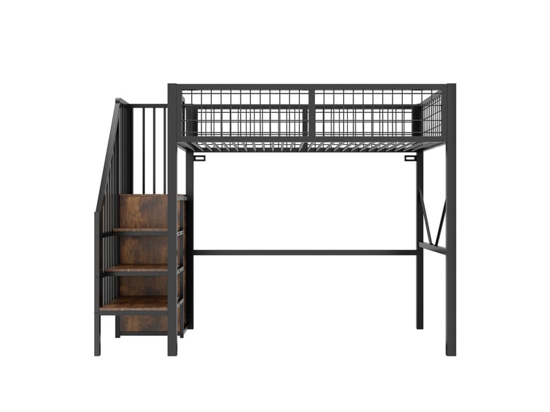  Lit mezzanine 90 x 200 cm noir en métal, escalier de rangement, led intégrée et garde-corps grillagé  - Conforama D