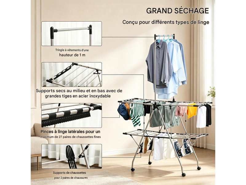  Étendoir à linge tour pliable à roulettes acier inoxydable 138,5 x 63 x 208 cm T5828P554627 - Conforama D