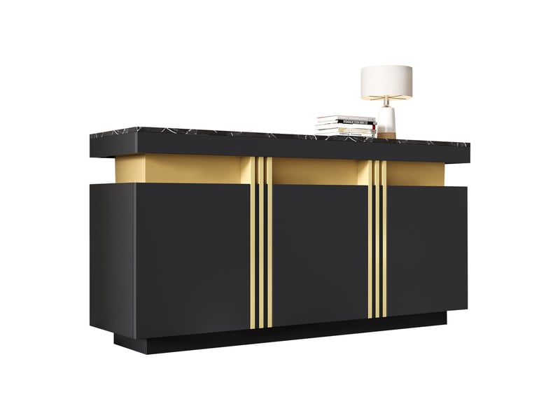  Buffet noir et or bahut 3 portes meuble de rangement 140 cm plateau effet marbre  - Conforama A