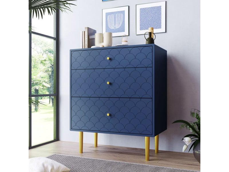  Commode bleu marine - sécurisée angles arrondis - dessus motif écailles unique - 3 tiroirs profondeurs différentes &amp; pieds champagne bleu - Conforama D