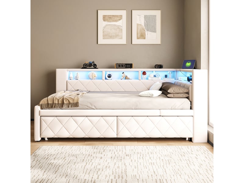Canapé-lit 90 × 200 cm 180 × 200 cm – avec lit gigogne – éclairage led inclus – prise électrique incluse – revêtement en lin – beige (matelas non inclus) - Conforama D
