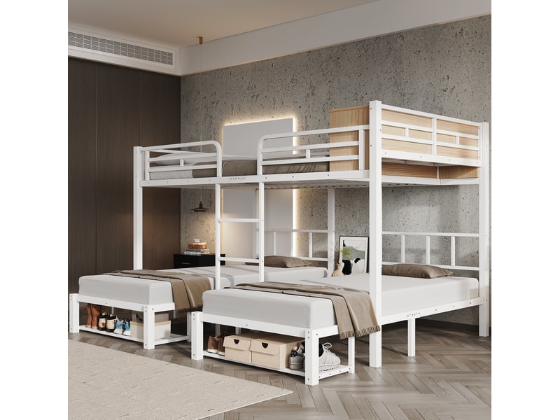  Lit superposé 140 × 200 cm et 90 × 200 cm, 3 places avec étagère et rangement chaussures, sans matelas, métal blanc  - Conforama B