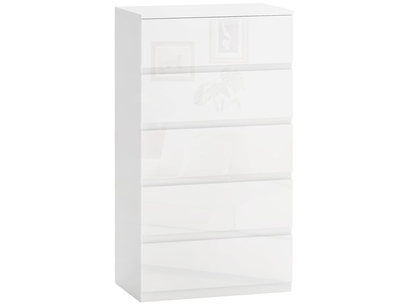  Commode moderne en bois à 5 tiroirs, anti-basculement, 55 x 33 x 100 cm, blanc brillant  - Conforama A