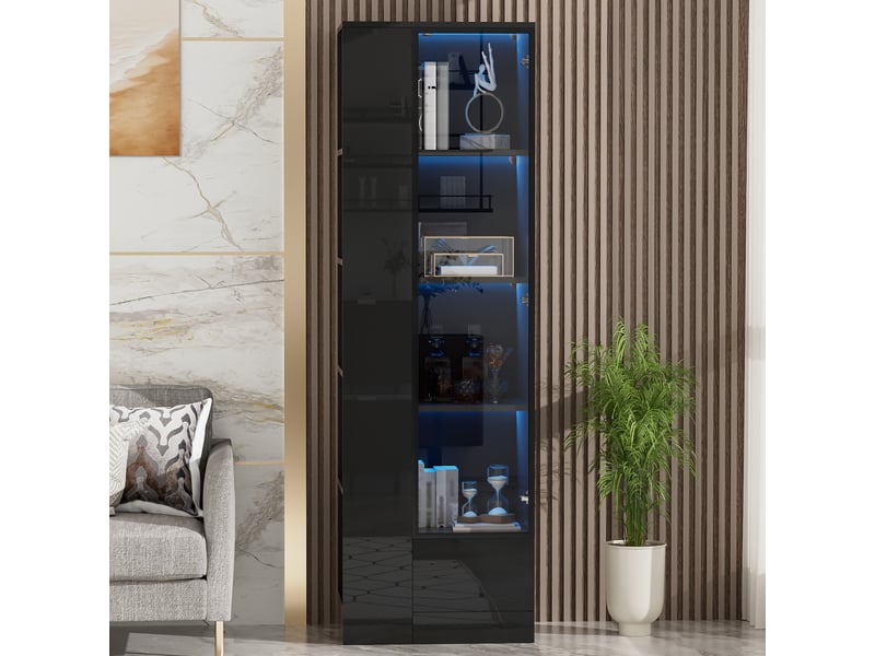  Vitrine 50x35x160 cm noire brillante en panneau de particules avec led  - Conforama B