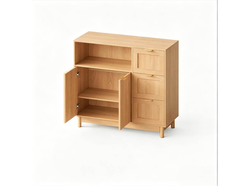  Buffet bas 90 x 35 x 80 cm – bois clair – 2 portes, 3 tiroirs et rangement modulable pour salon et cuisine  - Conforama A
