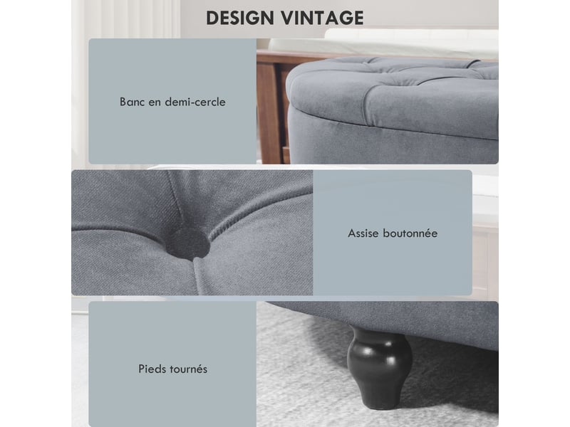  Pouf de rangement coffre 2 en 1 - pieds bois hévéa noir revêtement velours bleu - pouf capitonné demi-cercle  - Conforama R