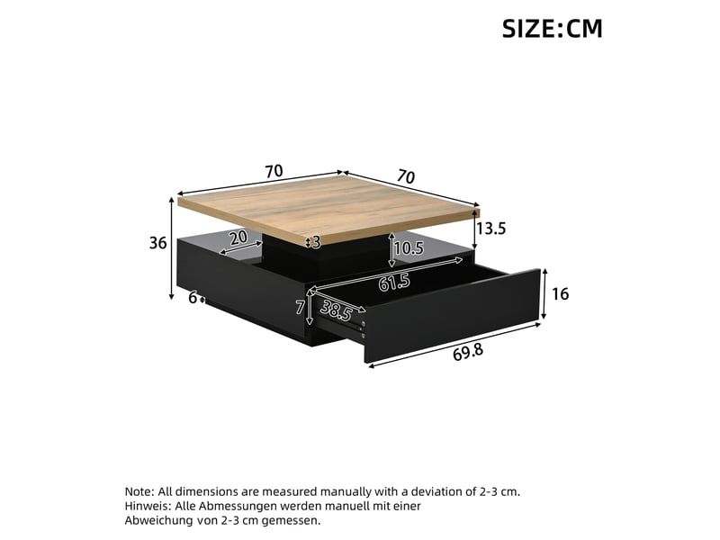  Table basse pivotante à 360° avec tiroir caché et niche ouverte pour salon, noyer et noir, 70 × 70 × 36 cm  - Conforama E