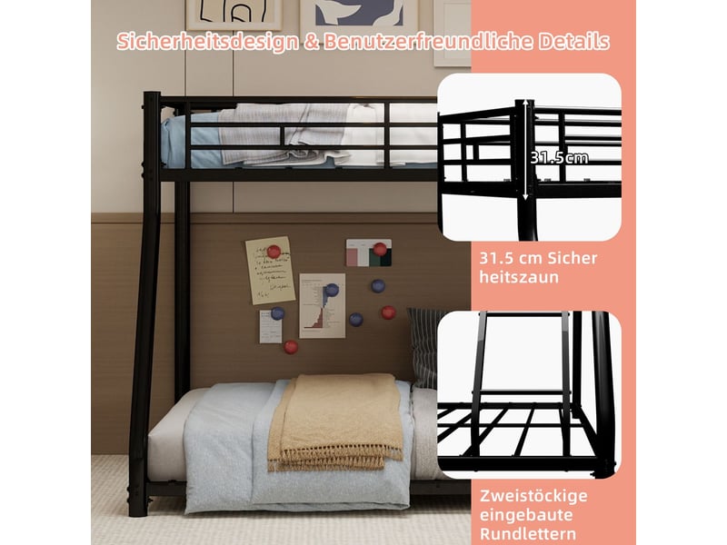  Lit superposé 90x190 et 140x190 cm métal noir robuste silencieux - lit double - avec échelle, barrières de sécurité, gain d'espace  - Conforama E