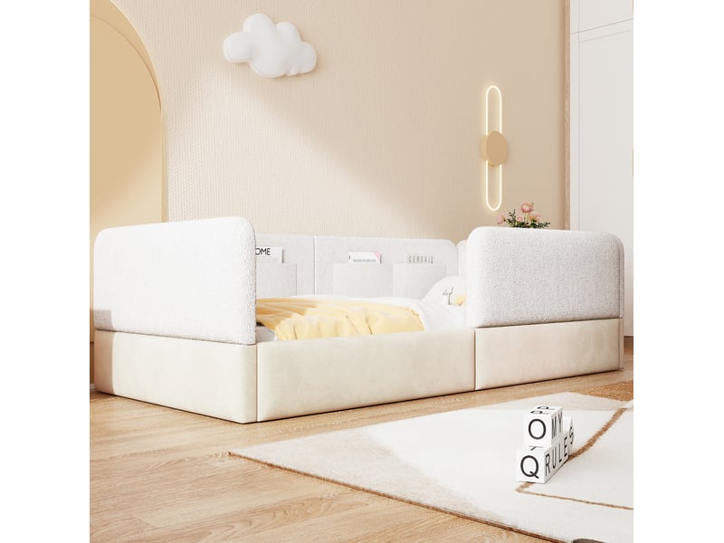  Lit simple 90x200 cm rembourré blanc avec barrières et 4 poches  - Conforama D