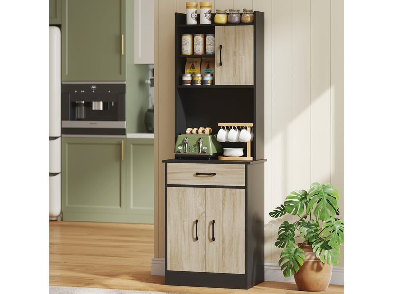  Buffet de cuisine haut, meuble de cuisine, tiroir, 3 portes, étagères ouvertes, plan de travail, 60 x 40 x 180 cm, bois naturel  - Conforama C