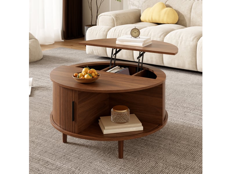  Table basse ronde relevable en mdf – rangement et porte coulissante – noyer – ø 80 cm  - Conforama B