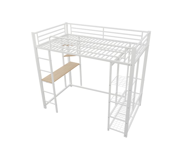  Lit mezzanine enfant 90x200 cm, table, étagère, garde-corps, sommier, métal blanc, sans matelas  - Conforama E