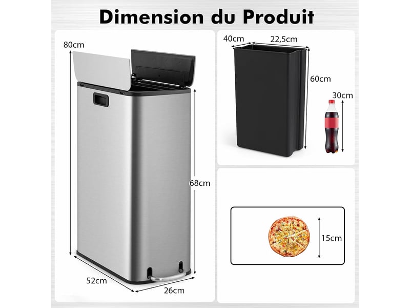 Poubelle cuisine 45 l, poubelle en métal inoxydable, poubelle à pédale, couvercle à ailettes, fermeture douce, panier intérieur, peu encombrante - Conforama B