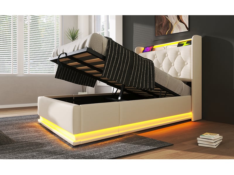Lit coffre 90x200 cm - lit coffre capitonné simple avec rangement hydraulique et éclairage led, port usb type-c, similicuir blanc, matelas inclus - Conforama B