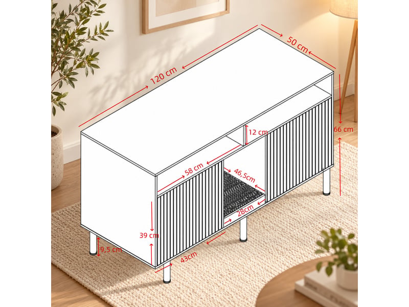  Meuble cache-litière blanc avec rangement, tapis de sortie et portes rainurées, 120x50x66 cm  - Conforama C