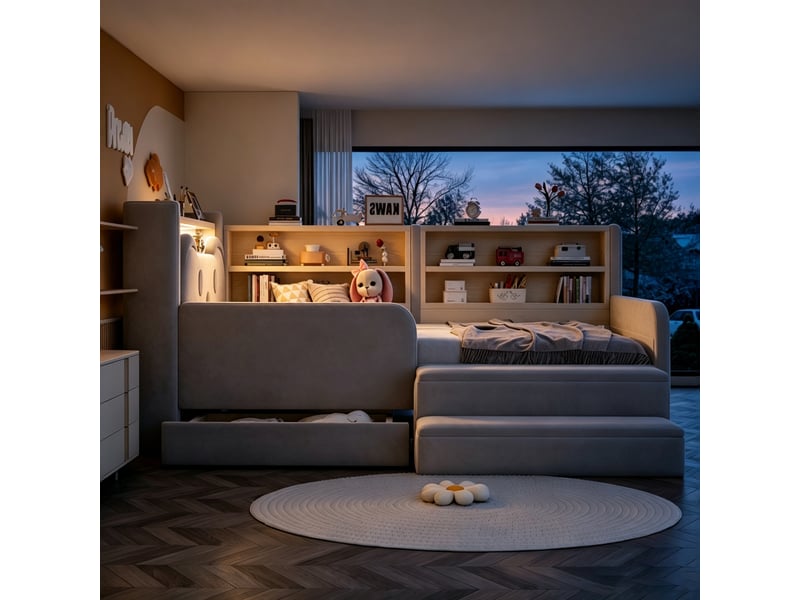  Lit rembourré enfant 90 x 200 cm – tête de lit avec rangement – ​​inclut 1 tiroir – inclut un pied de lit – inclut éclairage led et port usb – gris (matelas non inclus)  - Conforama E