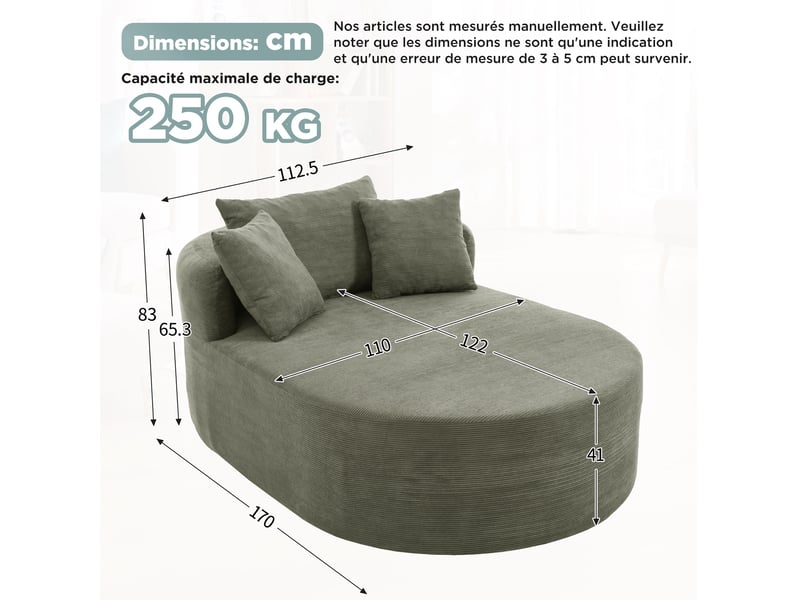  Fauteuil relax ovale avec assise profonde et design minimaliste, en velours côtelé vert  - Conforama D