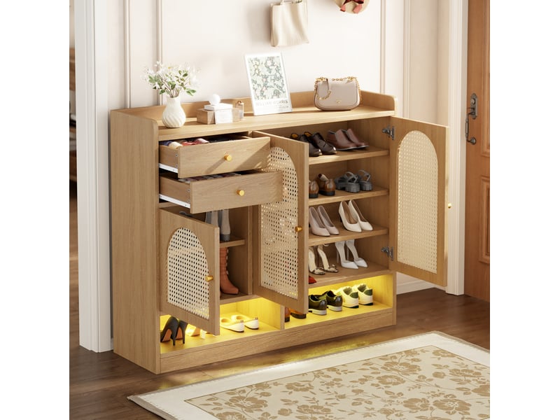  Meuble à chaussures 120x35x100 cm, 3 portes rotin, 2 tiroirs, rangement ouvert led, mdf, naturel  - Conforama D