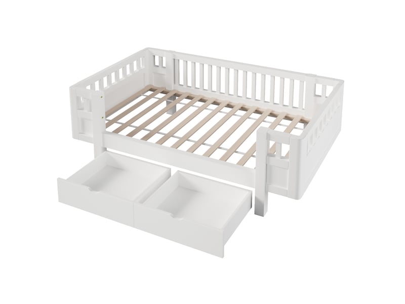  Lit 90 x 200 cm en bois avec barrières et 2 tiroirs - blanc C-CRAFTLINK - Conforama A