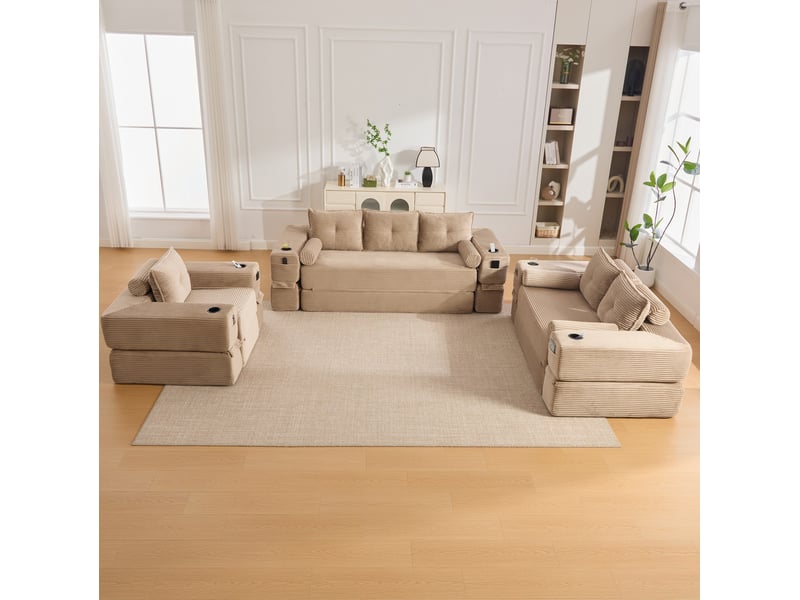 Canapé convertible 1 place avec couchage, poches latérales, porte-gobelets et accoudoirs amovibles en velours côtelé kaki - Conforama D