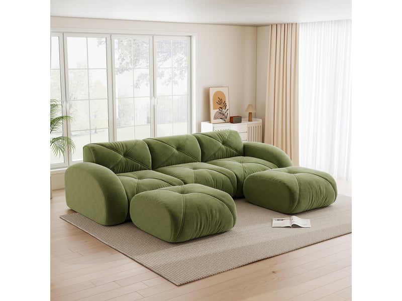  Canapé modulable 3 places en u, revêtement chenille vert, design sans dossier, inclut 2 poufs, idéal salon  - Conforama B