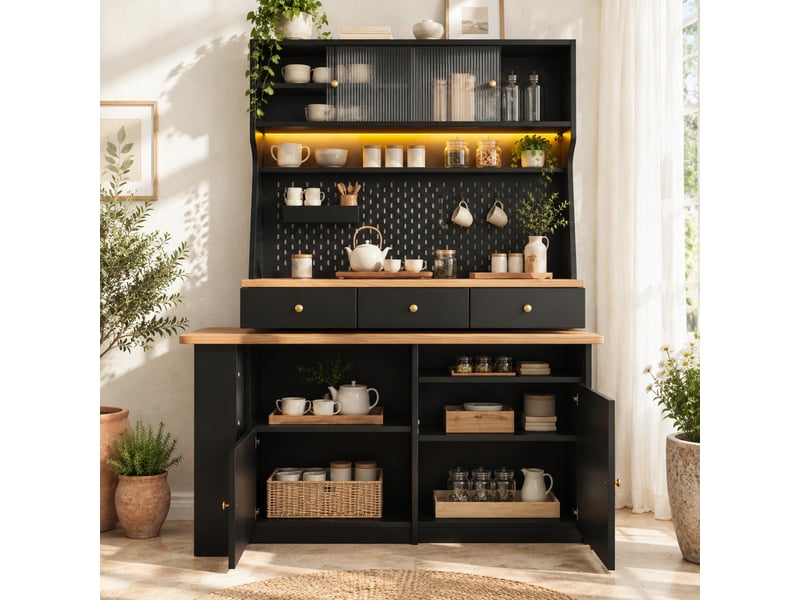  Armoire haute avec bureau led - lpospi - contrôle par application, mdf, verre noir 137 × 74 × 177,7 cm  - Conforama C