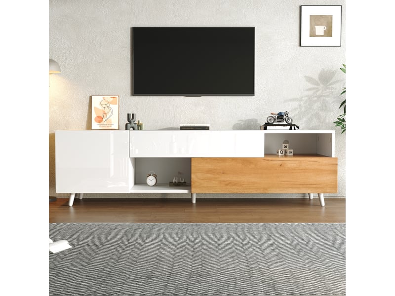 Meuble tv tcqpz 180 x 38 x 50 cm blanc et bois naturel avec tiroir, rangements multiples, pour tv jusqu'à 75 pouces  - Conforama B