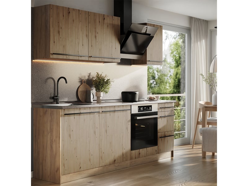  Vicco cuisine, chêne artisanchêne doré, 220cm plan de travail marbre  - Conforama C