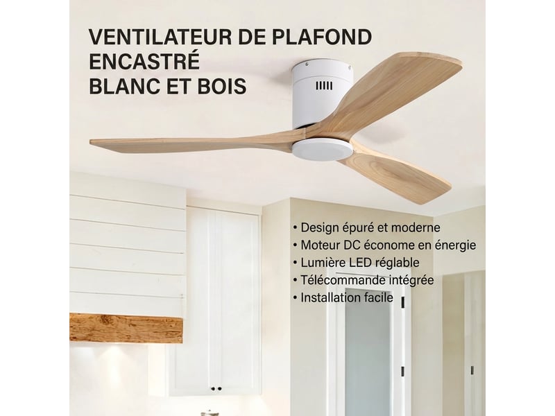 Ventilateur de plafond bois 132 cm, moteur dc silencieux, sans lumière, télécommande, 6 vitesses, réversible - Conforama B