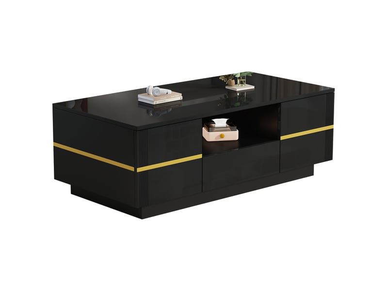 Table basse led avec rangement 100x50x35.5 cm en mdf noir et accents dorés - Conforama A
